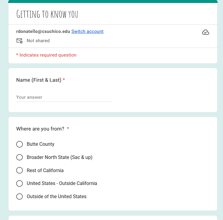 Screenshot of the initial getting-to-know-you Google Form.